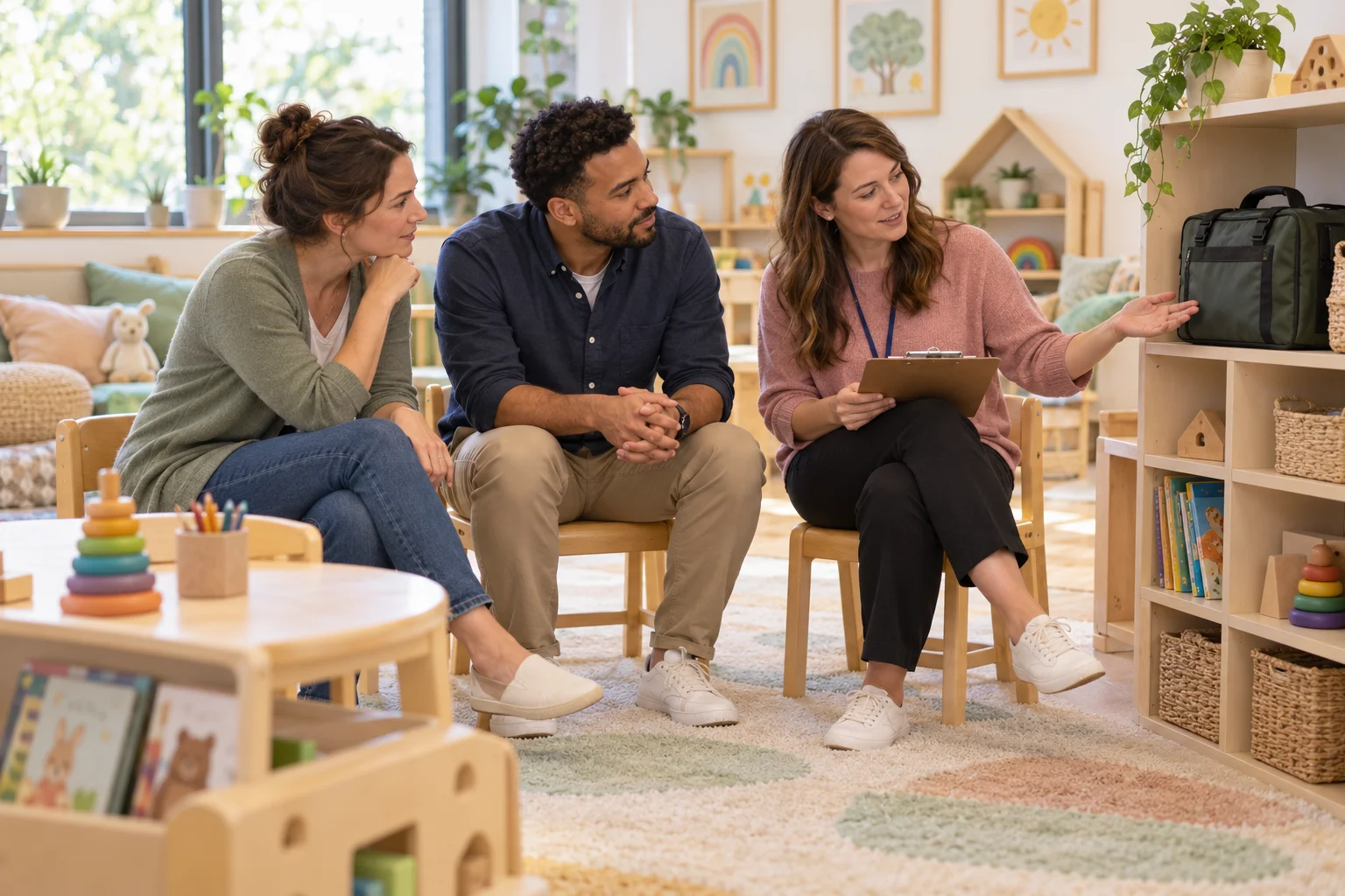 Professionnels préparant les procédures de sécurité d’une crèche