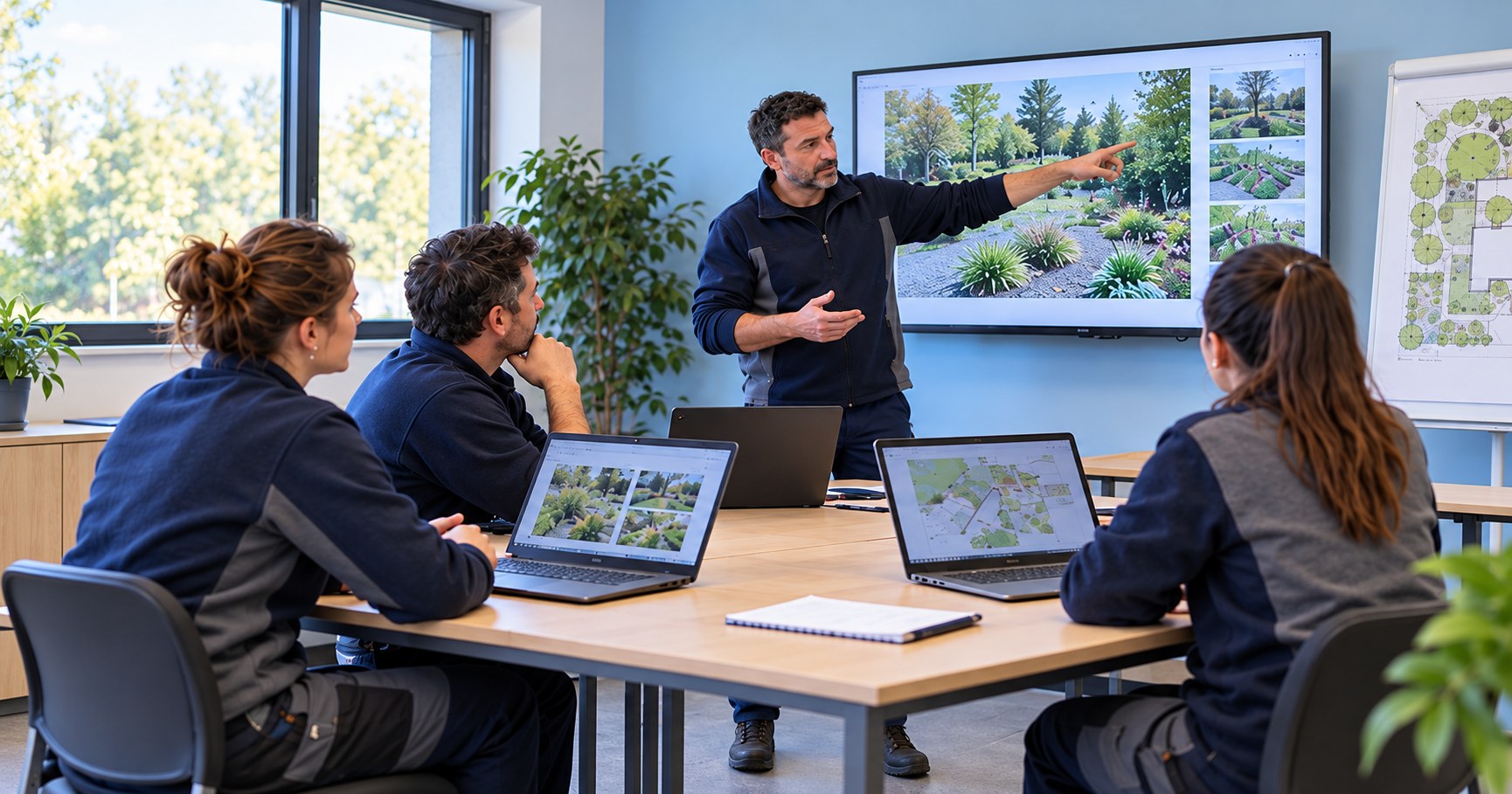 Un chef d’équipe accompagne des agents espaces verts pendant une séquence e-learning en salle