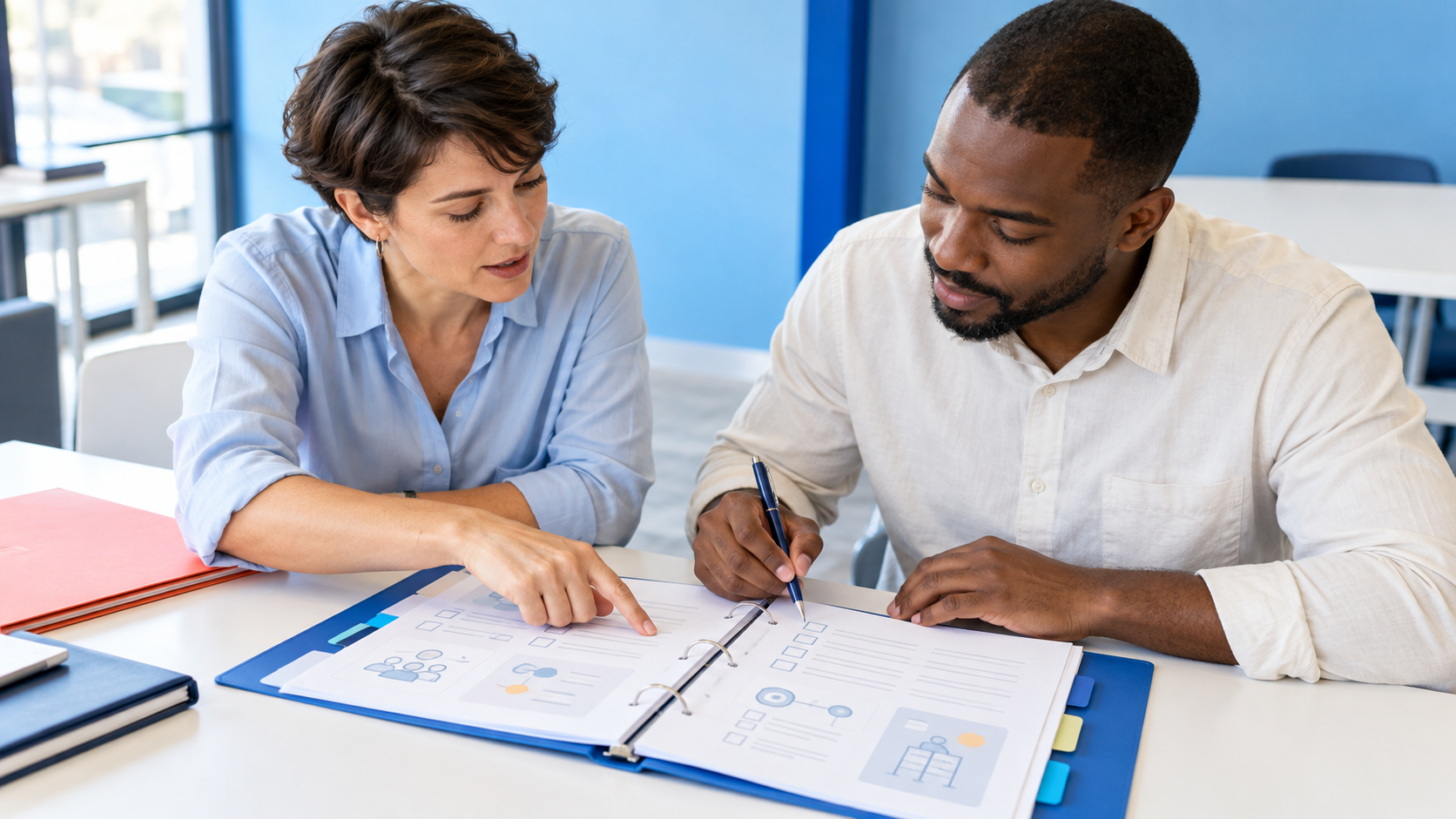 Deux professionnels consultent un dossier de suivi des formations en prévention dans une salle au fond bleu.
