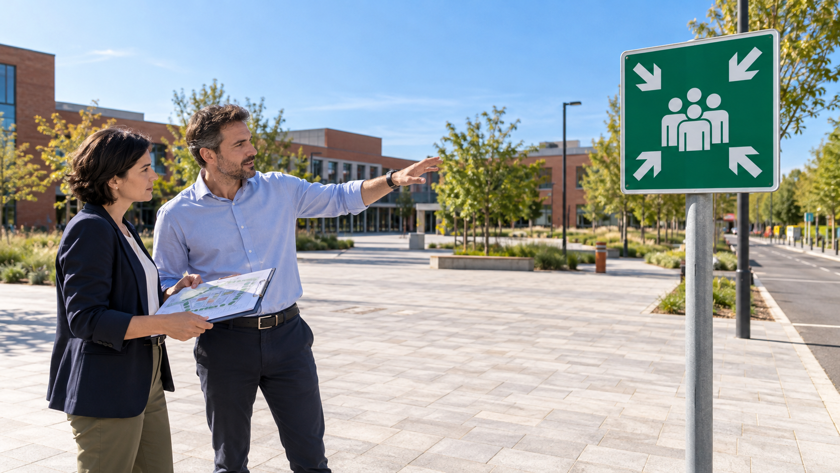 Deux responsables examinent le plan d’un établissement devant le panneau vert de point de rassemblement, sur un parvis à l’écart du bâtiment