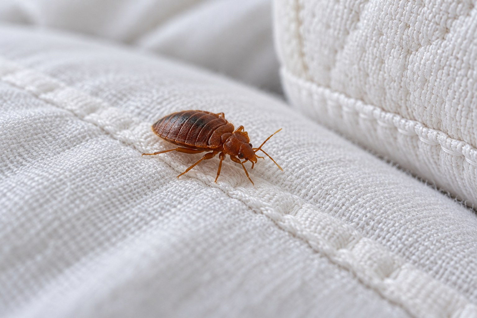 Punaise de lit en EHPAD : insecte adulte sur la couture d’un matelas blanc, signe d’infestation à rechercher en chambre